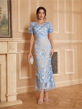 NEW Light Blue  3D Floral Embroidered Midi Dress | Elegant Wedding Guest Dress